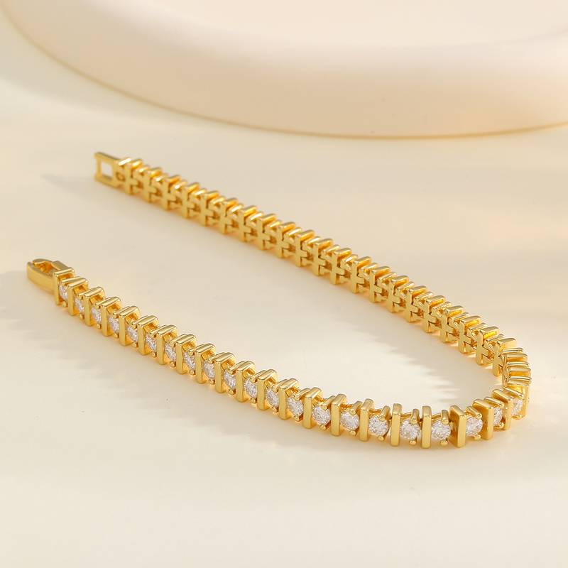 MB0011款S925银镀18K黄金镶嵌圆形莫桑石网球Bracelet4.2ct