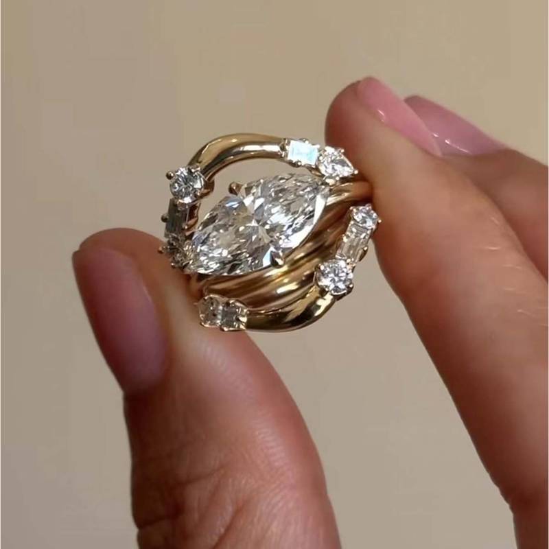 MR0064款S925银镀18K黄金马眼形Moissanite女套戒1.0ct
