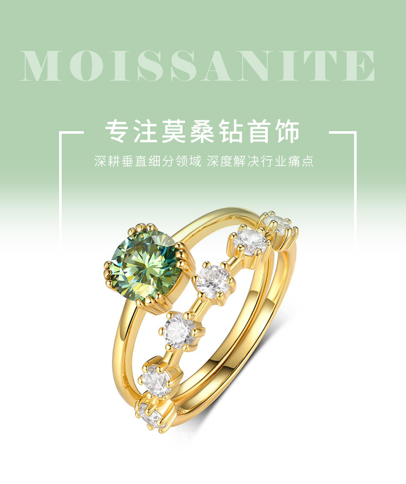 MR0060款S925银镀18K黄金绿色圆形莫桑石女套戒1.0CT - 1