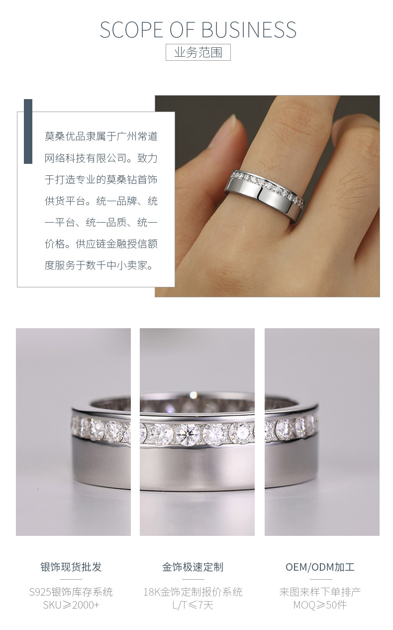 MR0066款S925银镀18K白金简约圆环莫桑石戒指结婚对戒 - 3