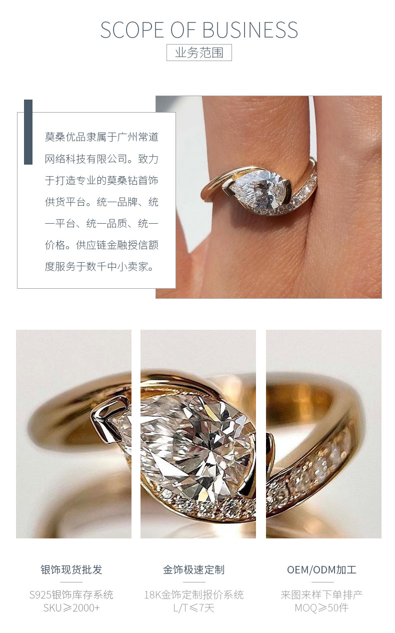 MR0070款S925银镀18K黄金水滴形莫桑钻女戒1.5CT - 3
