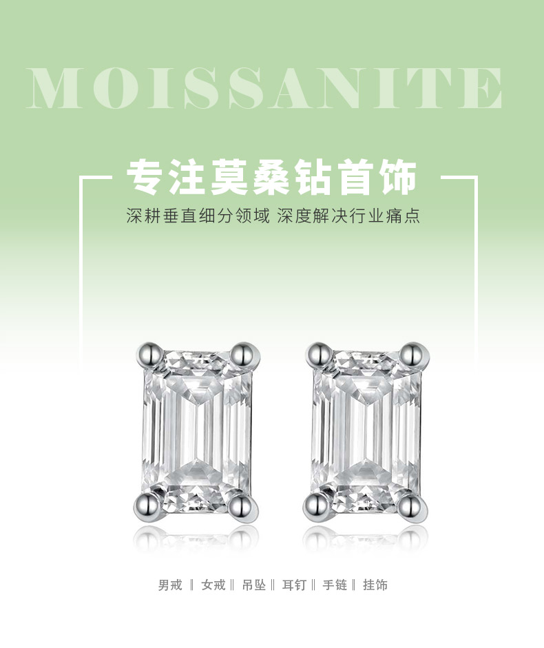ME0018款S925银镀18K白金祖母绿切割耳钉莫桑钻1.6/2.0CT - 1