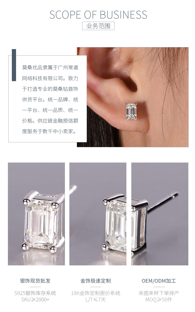 ME0018款S925银镀18K白金祖母绿切割耳钉莫桑钻1.6/2.0CT - 3