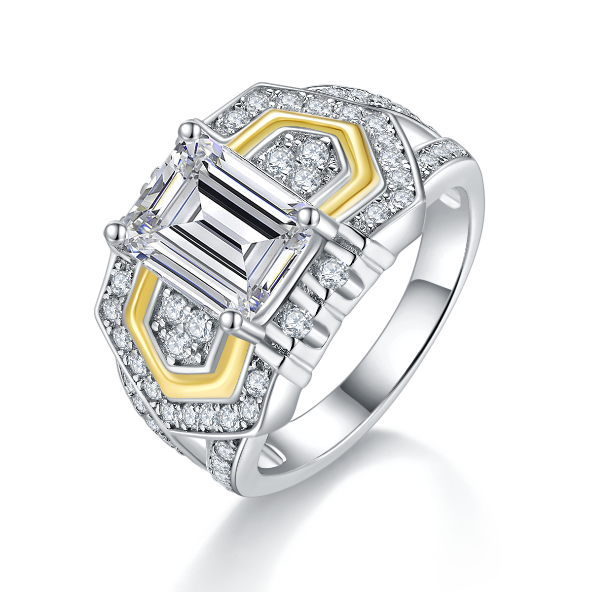 R240601011款S925银镀18K白金分色祖母绿形MoissaniteWomen's Ring7*9mmmm/3.0ct