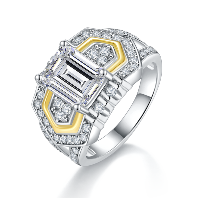 R240601011款S925银镀18K白金分色祖母绿形莫桑钻女戒7*9mm/3.0CT
