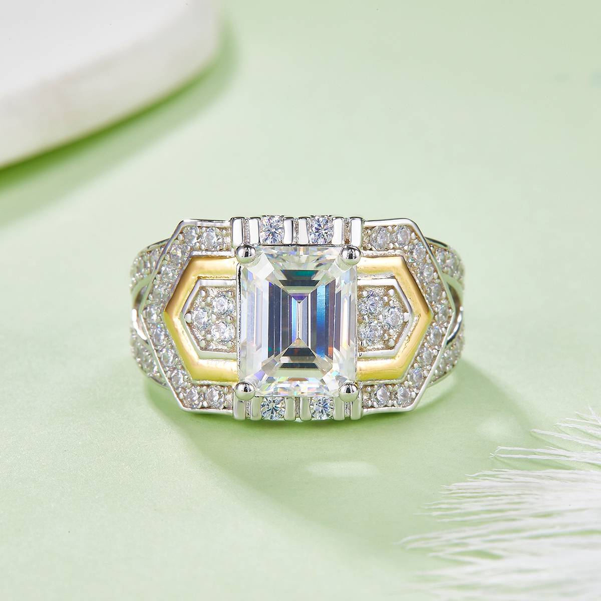 R240601011款S925银镀18K白金分色祖母绿形MoissaniteWomen's Ring7*9mmmm/3.0ct