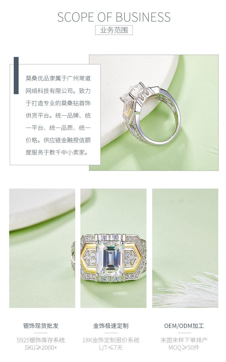 R240601011款S925银镀18K白金分色祖母绿形莫桑钻女戒7*9mm/3.0CT - 3
