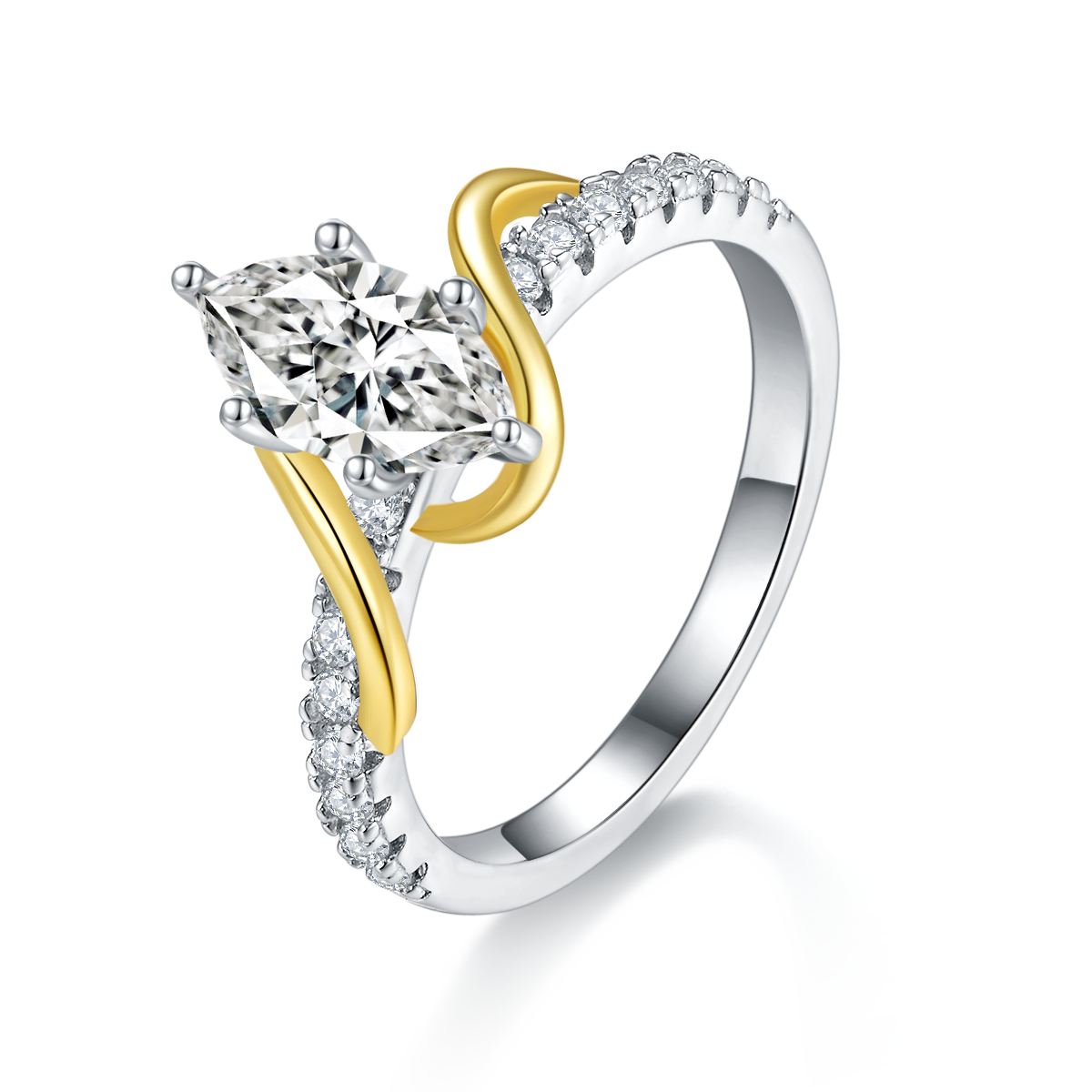 R221113001款S925银镀18K白金分色马眼形莫桑钻女戒1.0CT