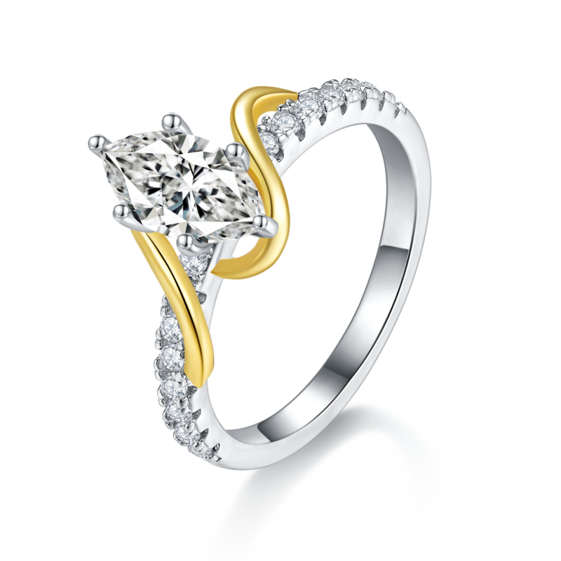 R221113001款S925银镀18K白金分色马眼形莫桑钻女戒1.0CT
