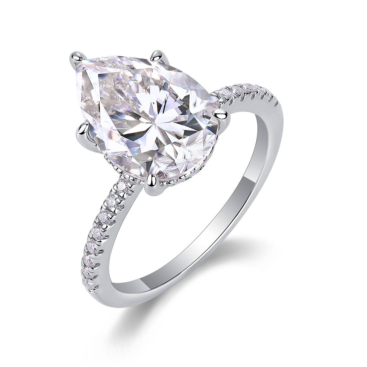 R15268款S925银镀18K白金女戒梨形莫桑钻5.0CT