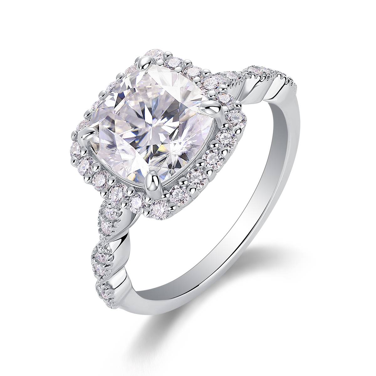 R15325款S925银镀18K白金Women's Ring枕形Moissanite3.0ct