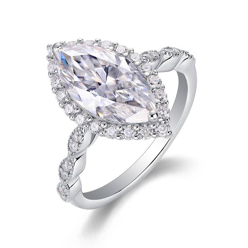R15321款S925银镀18K白金女戒马眼形莫桑钻3.0CT