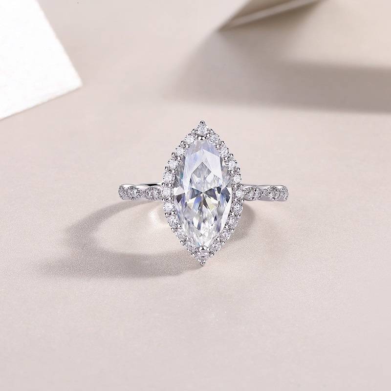R15321款S925银镀18K白金女戒马眼形莫桑钻3.0CT
