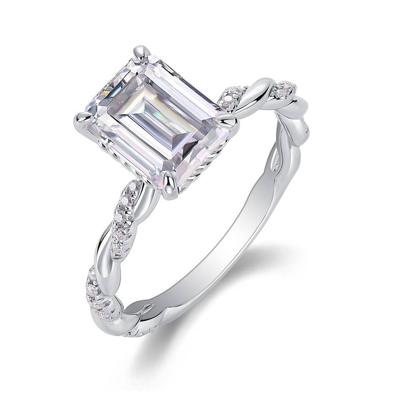 R15310款S925银镀18K白金Women's Ring祖母绿切割Moissanite3.0ct