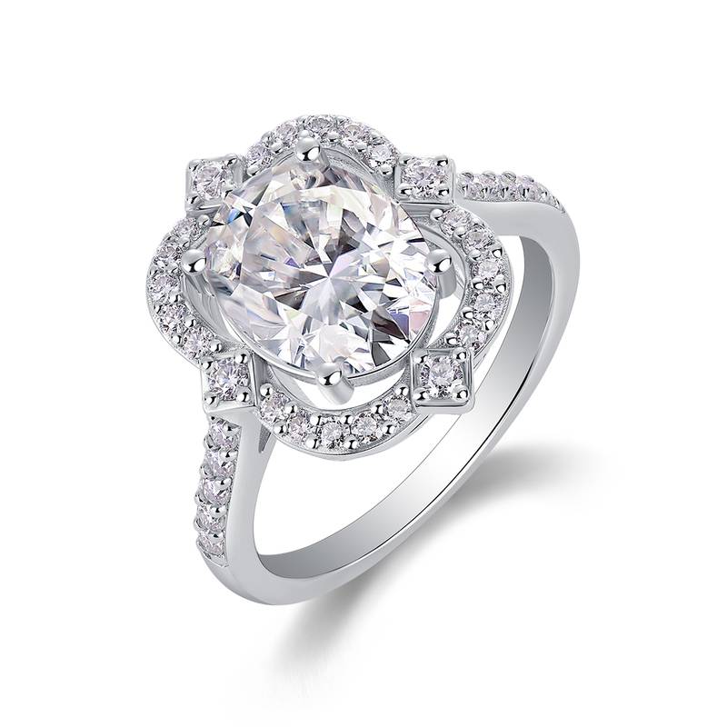 R15293款S925银镀18K白金女戒蛋形莫桑钻3.0CT