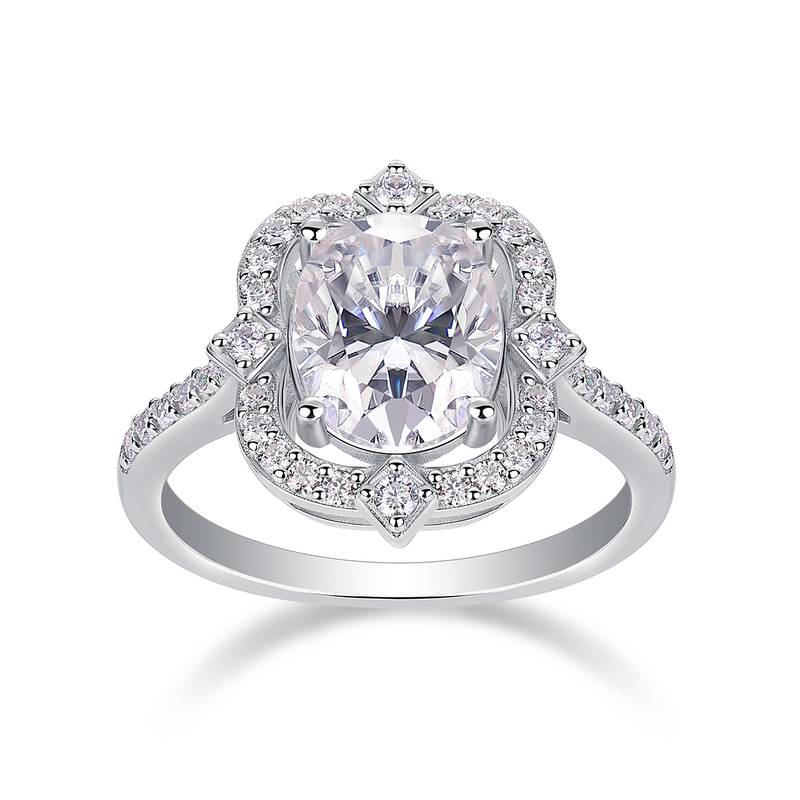 R15293款S925银镀18K白金女戒蛋形莫桑钻3.0CT