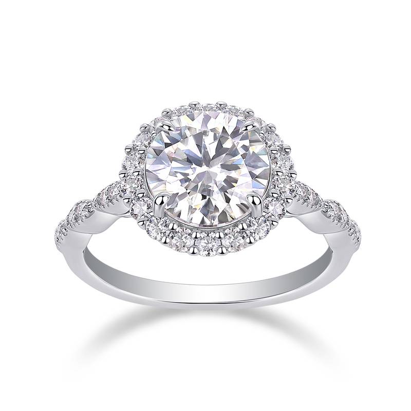 R15322款S925银镀18K白金女戒圆形莫桑钻3.0CT