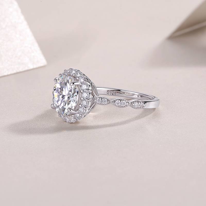 R15322款S925银镀18K白金女戒圆形莫桑钻3.0CT