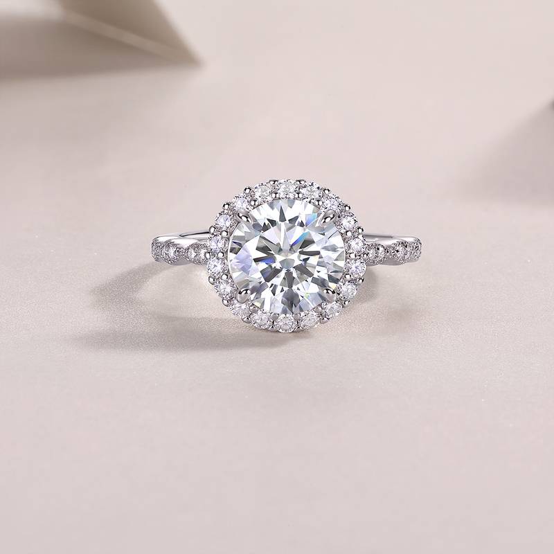 R15322款S925银镀18K白金女戒圆形莫桑钻3.0CT
