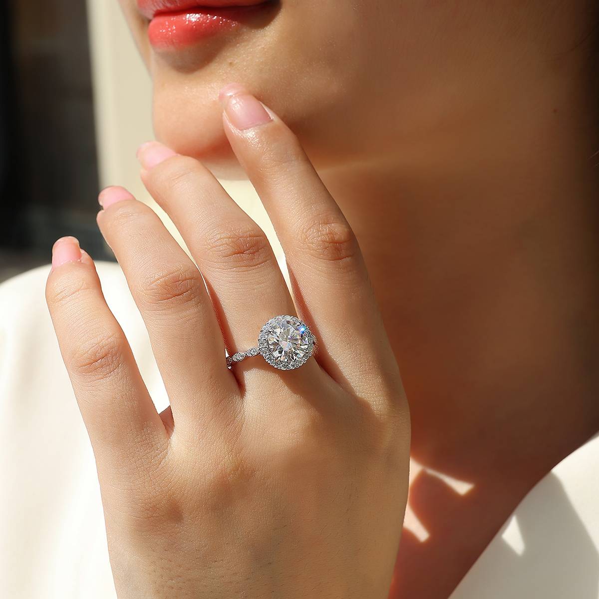 R15322款S925银镀18K白金Women's Ring圆形Moissanite3.0ct
