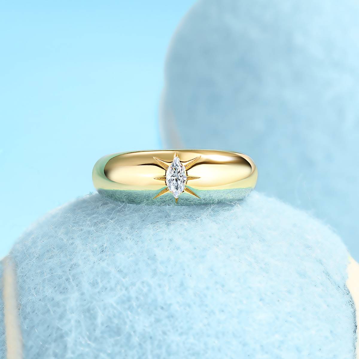 R14698款S925银镀18K黄金女戒马眼形莫桑钻5*2.5mm/0.2ct