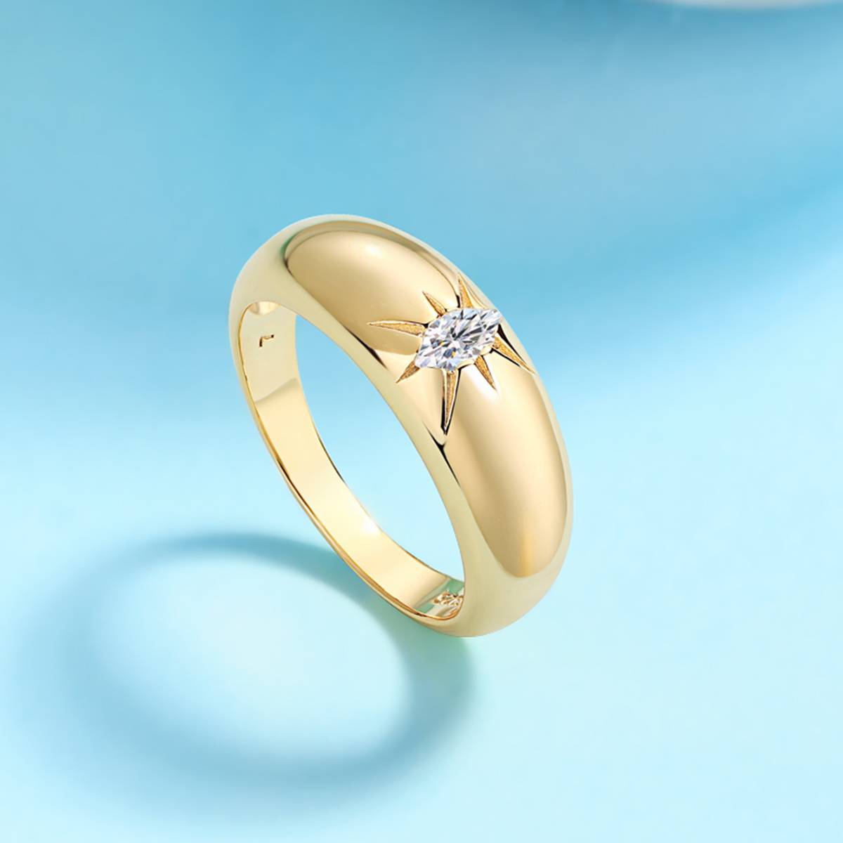 R14698款S925银镀18K黄金女戒马眼形莫桑钻5*2.5mm/0.2ct