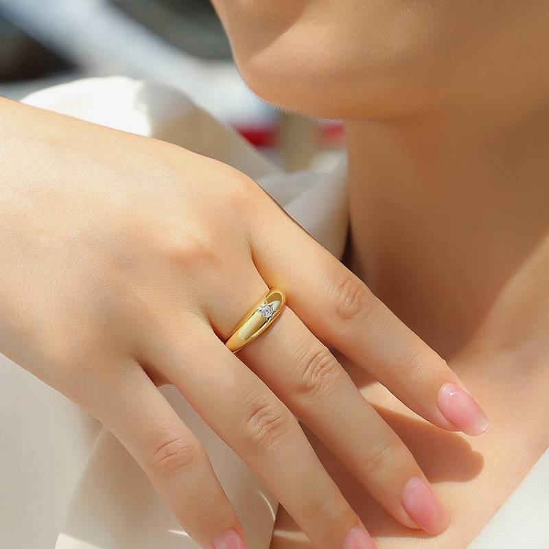 R14694款S925银镀18K黄金圆形莫桑钻女戒0.1CT