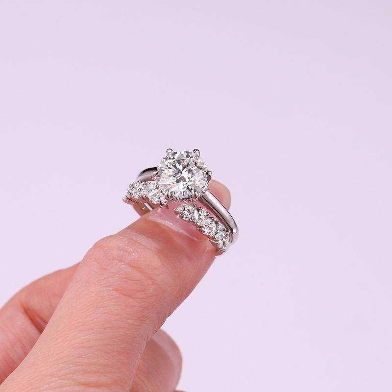 R15329款S925银镀18K白金女套戒圆形Moissanite3.0ct