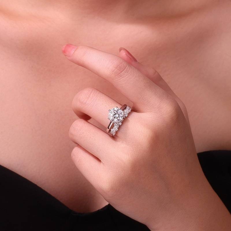 R15329款S925银镀18K白金女套戒圆形Moissanite3.0ct
