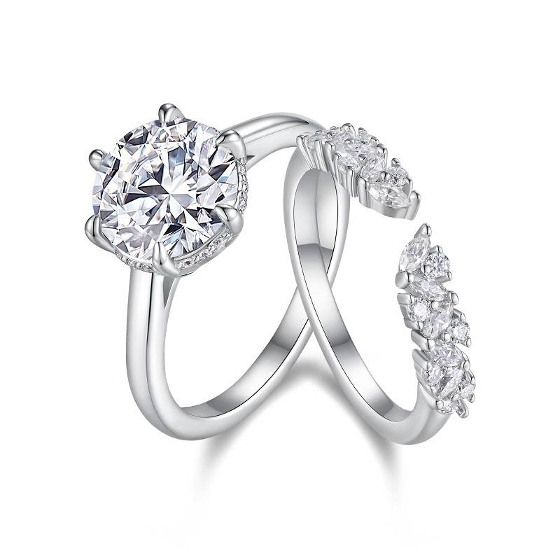 R15329款S925银镀18K白金女套戒圆形Moissanite3.0ct
