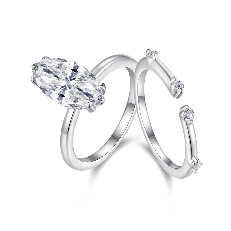 R15330款S925银镀18K白金女套戒马眼形莫桑钻3.0CT