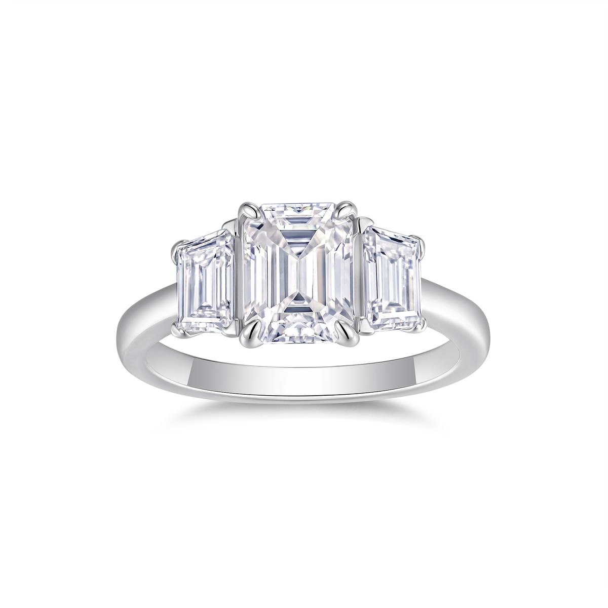R15517款S925银镀18K白金三石款Women's Ring主石祖母绿切Moissanite2.0ct