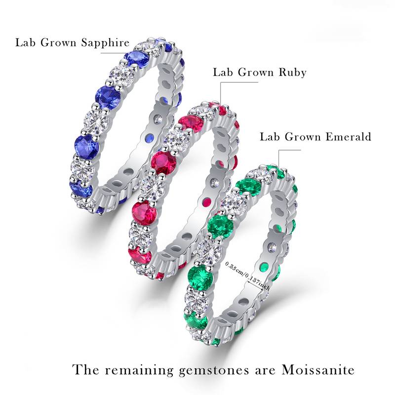 R14019/R14017/R14018款S925银镀18K白金培育彩宝Moissanite浑身排戒