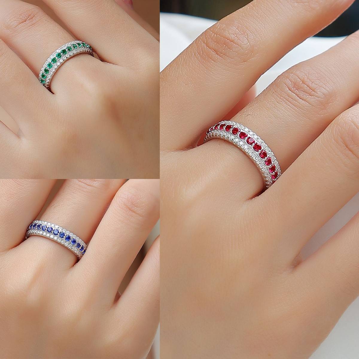 R13965/R13967/R13966款S925银镀18K白金培育彩宝莫桑钻浑身排戒