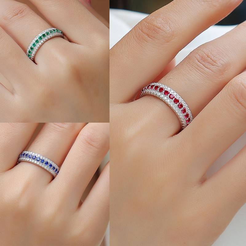 R13965/R13967/R13966款S925银镀18K白金培育彩宝莫桑钻浑身排戒