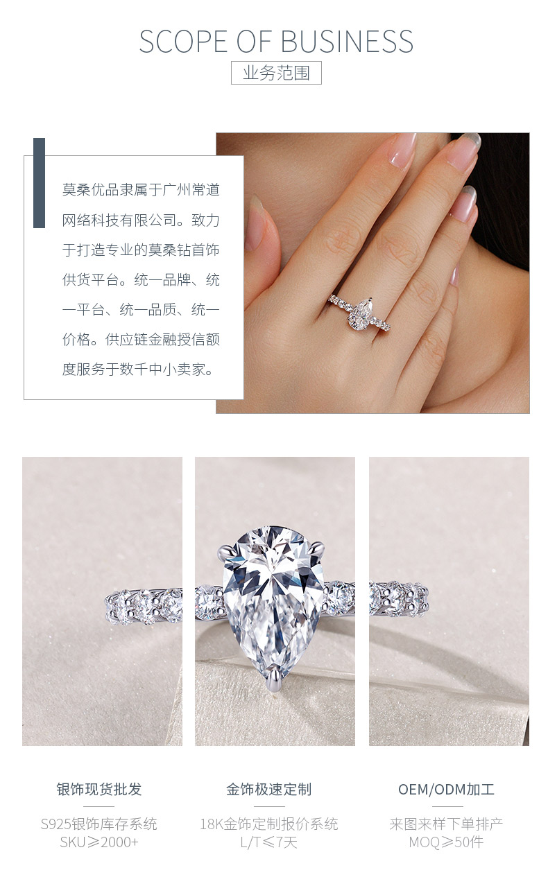 R15295款S925银镀18K白金女戒梨形莫桑钻3.0CT - 3