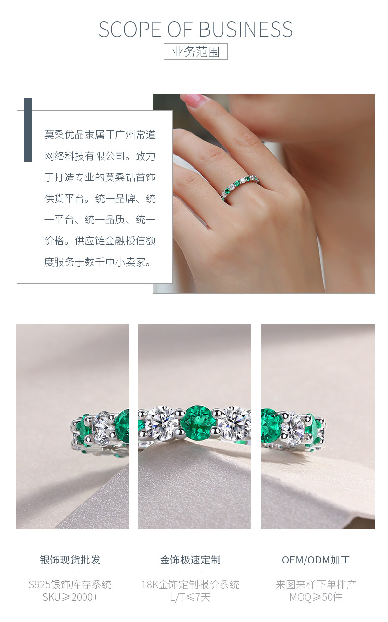 R14019/R14017/R14018款S925银镀18K白金培育彩宝莫桑钻浑身排戒 - 3