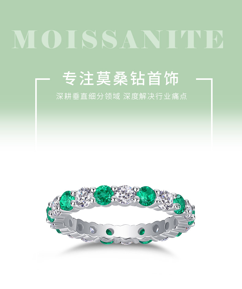 R14019/R14017/R14018款S925银镀18K白金培育彩宝莫桑钻浑身排戒 - 1