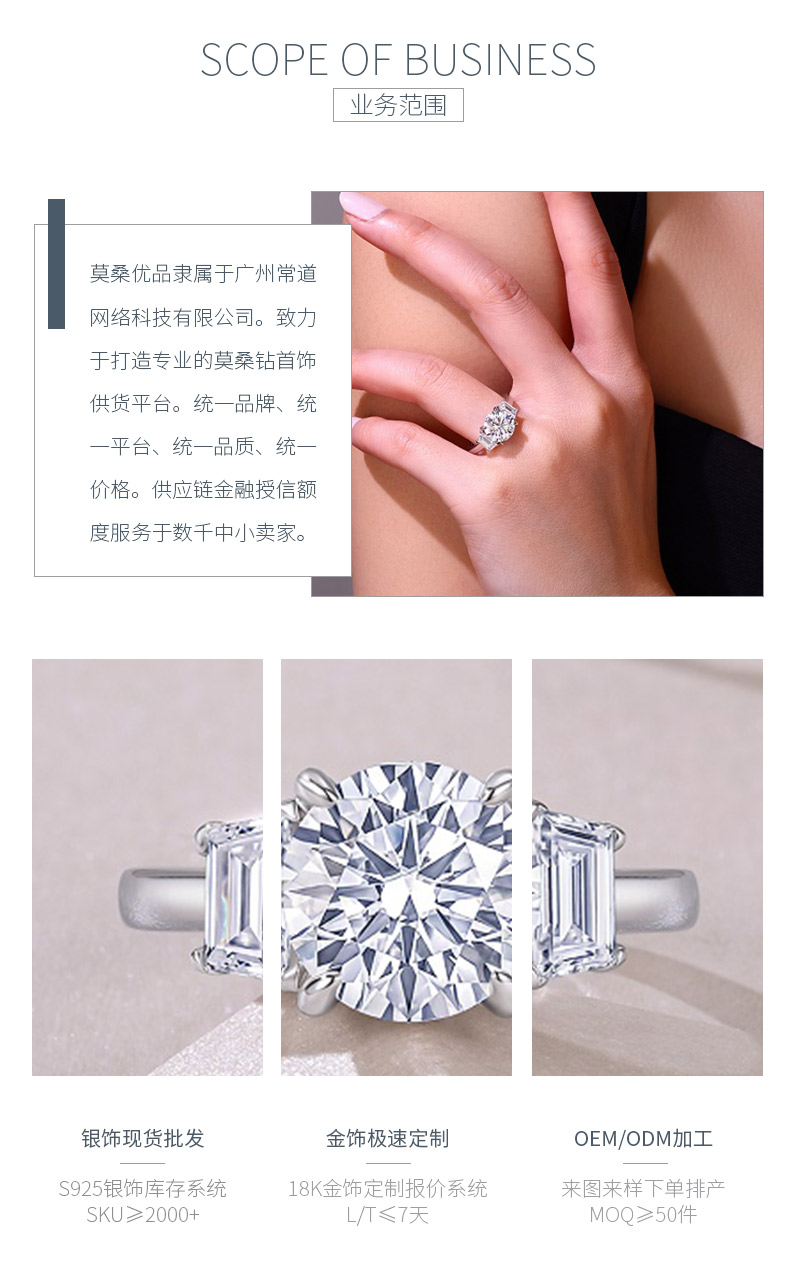 R15516款S925银镀18K白金三石款女戒主石莫桑钻3.0CT - 3
