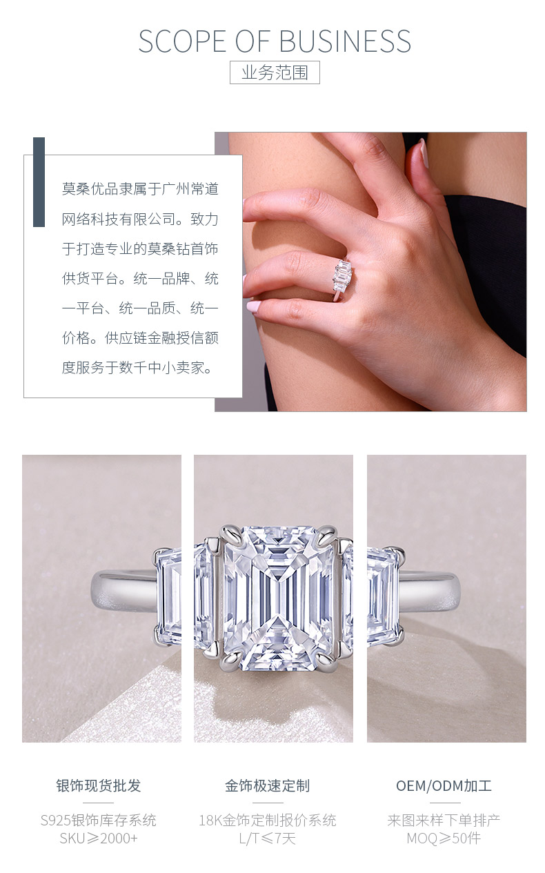 R15517款S925银镀18K白金三石款女戒主石祖母绿切莫桑钻2.0CT - 3