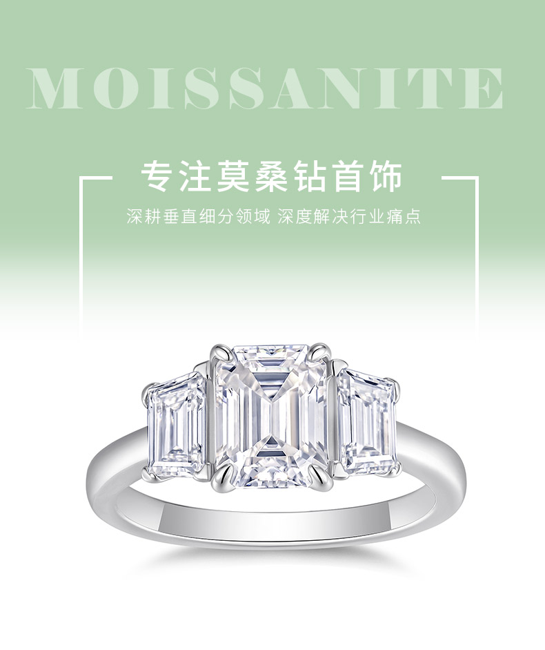 R15517款S925银镀18K白金三石款女戒主石祖母绿切莫桑钻2.0CT - 1