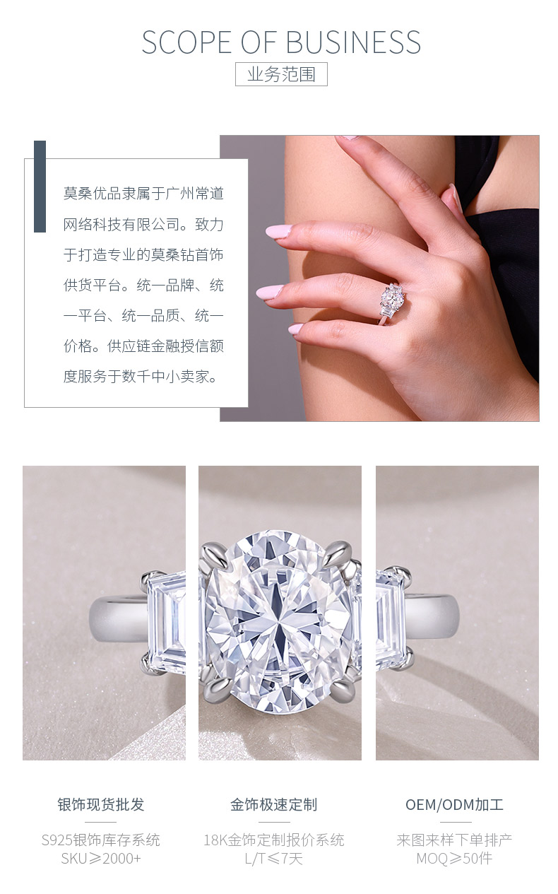R15515款S925银镀18K白金三石款女戒主石蛋形莫桑钻3.0CT - 3