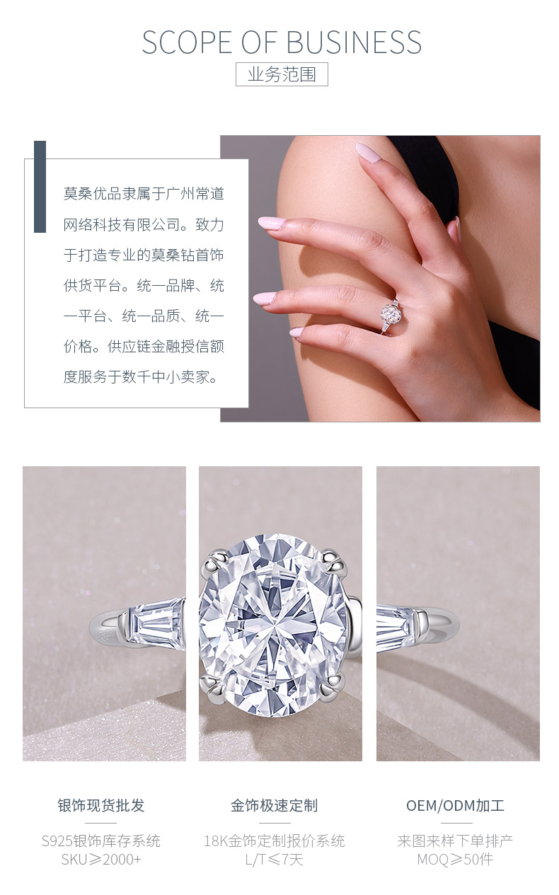 R15399款S925银镀18K白金三石款女戒主石蛋形莫桑钻3.0CT - 3