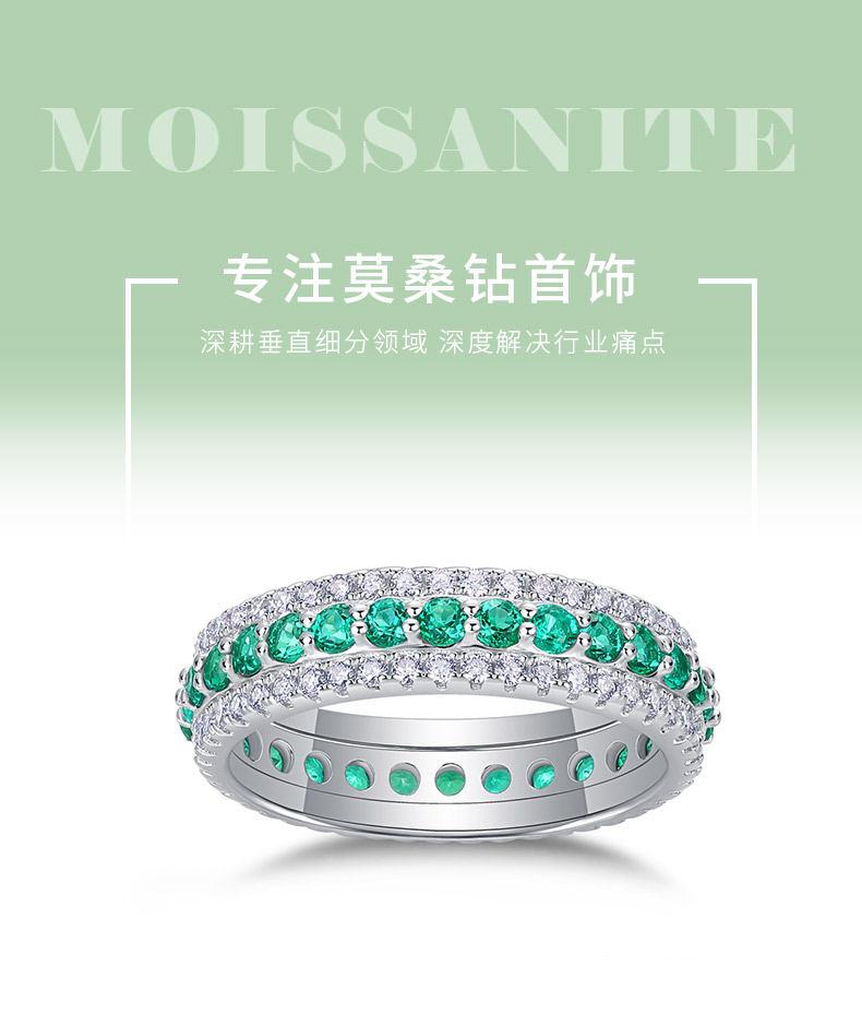 R13965/R13967/R13966款S925银镀18K白金培育彩宝莫桑钻浑身排戒 - 1