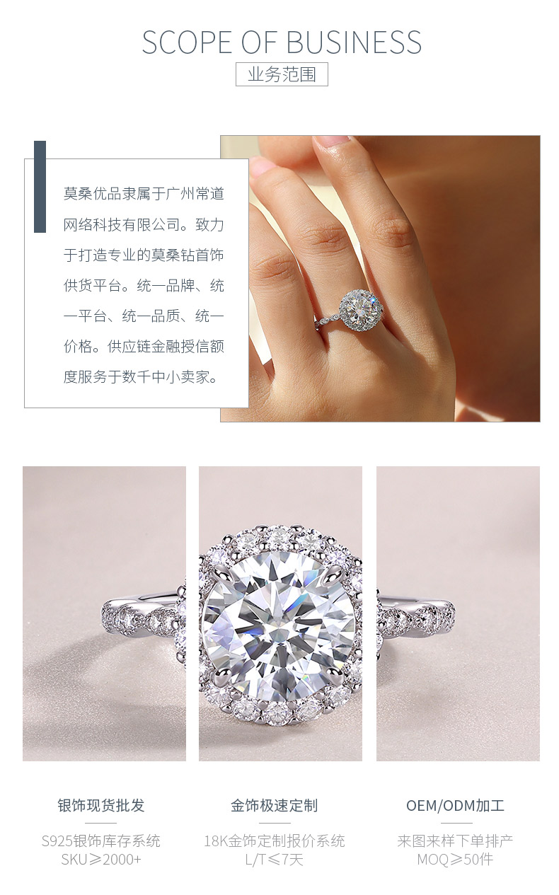 R15322款S925银镀18K白金女戒圆形莫桑钻3.0CT - 3