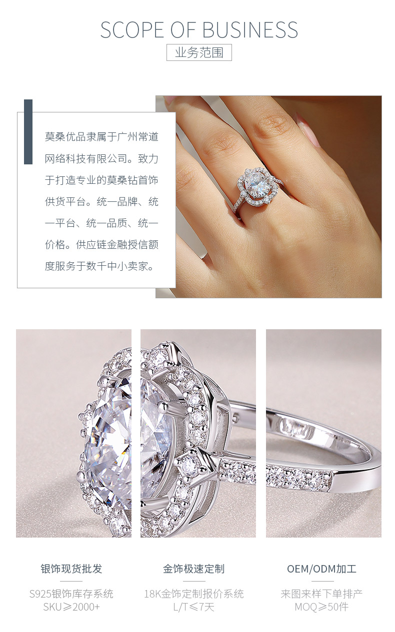 R15293款S925银镀18K白金女戒蛋形莫桑钻3.0CT - 3