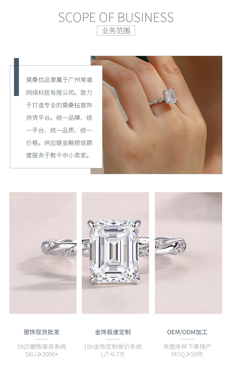 R15310款S925银镀18K白金女戒祖母绿切割莫桑钻3.0CT - 3