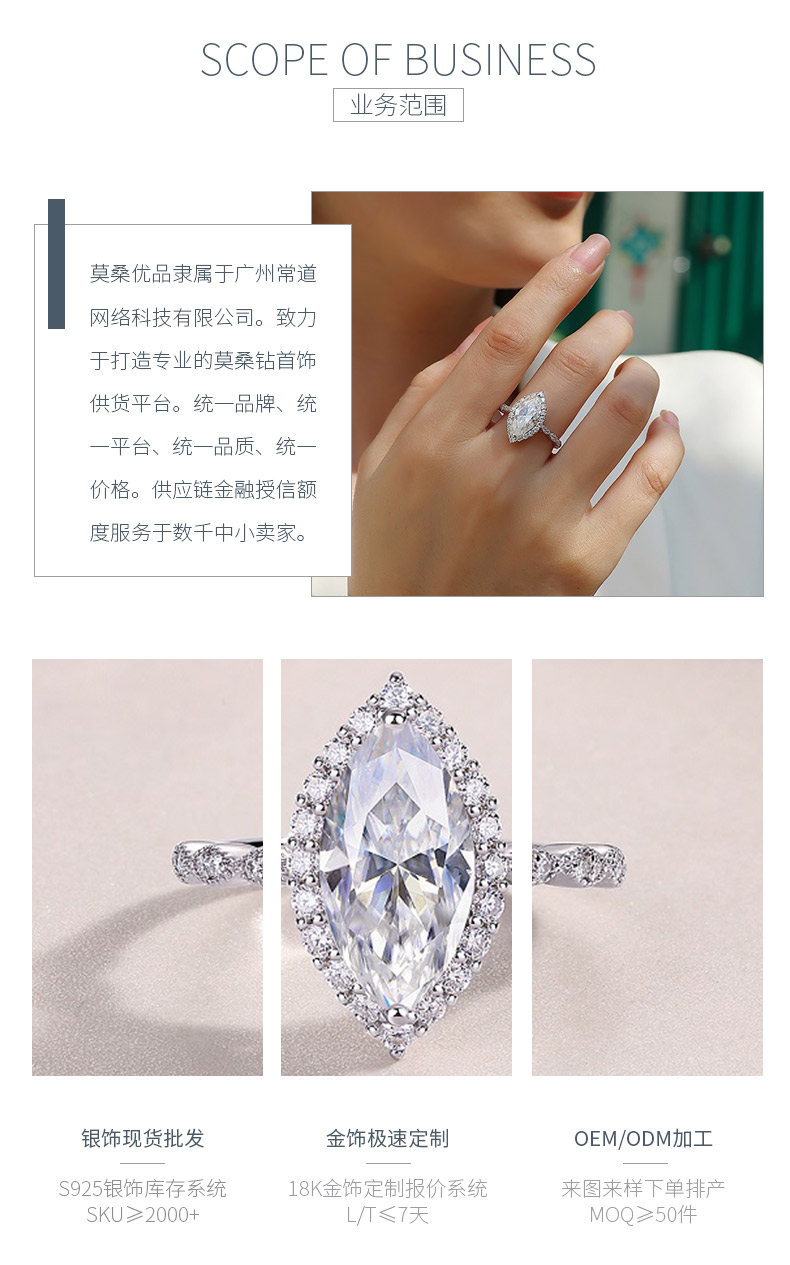 R15321款S925银镀18K白金女戒马眼形莫桑钻3.0CT - 3