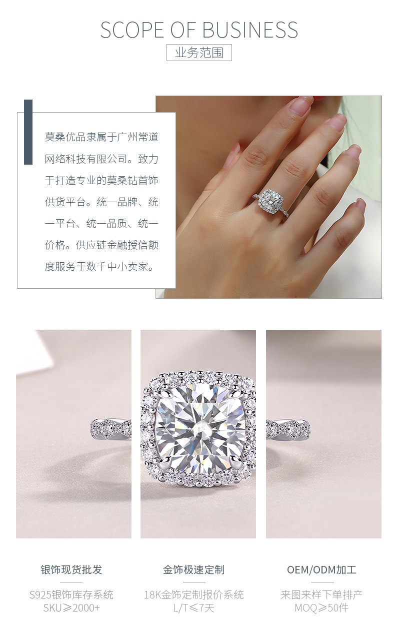 R15325款S925银镀18K白金女戒枕形莫桑钻3.0CT - 3
