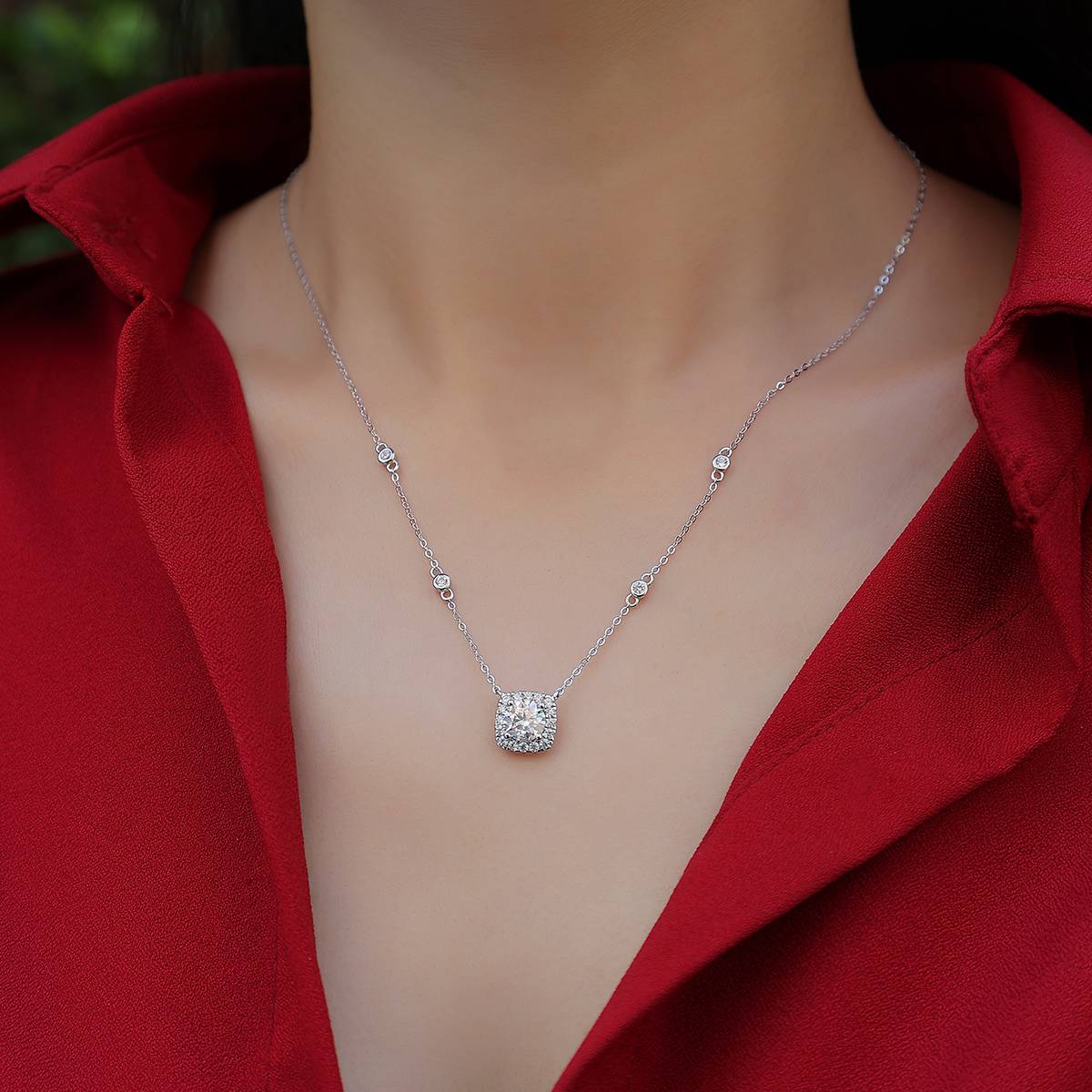 N13030枕形款银镀18K白金MoissaniteNecklace1.0ct